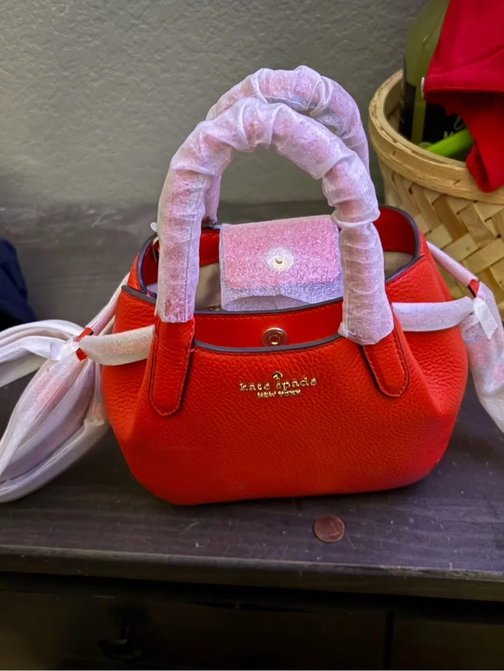 kate spade Red Pebbled Leather Mini Satchel with Gold Logo